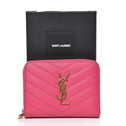 Saint Laurent Grain De Poudre Matelasse Chevron Monogram Compact Zip Around Wallet Fuchsia 9 of 9