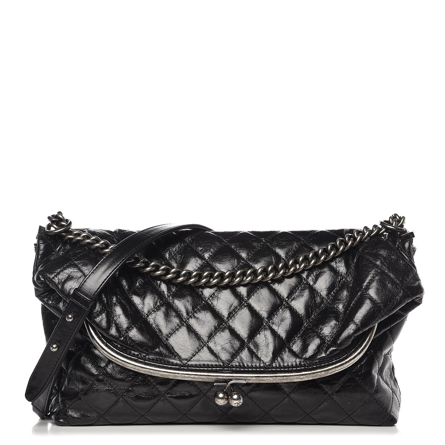 Glazed Calfskin Quilted Framed Shoulder Bag Black