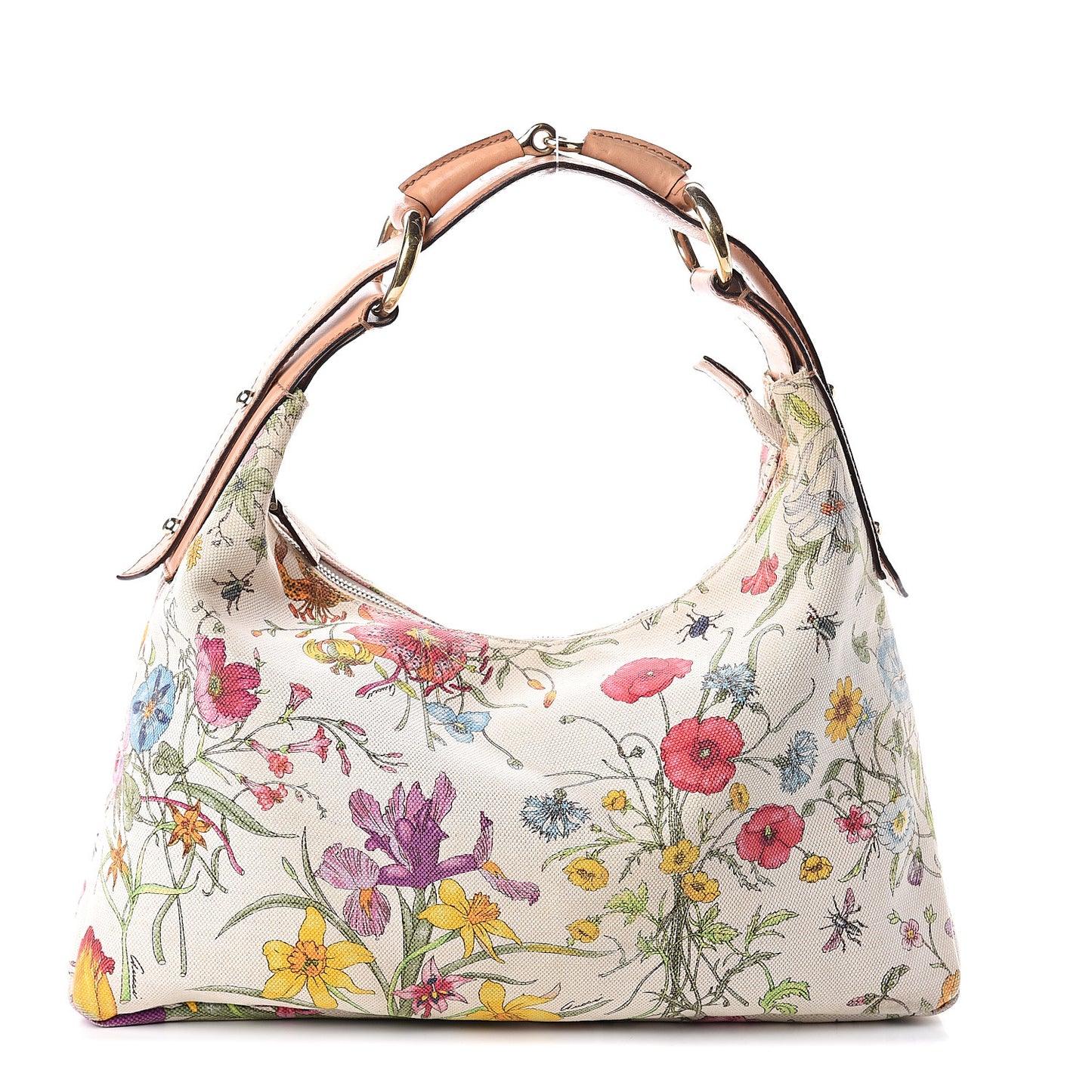 Canvas Medium Flora Floral Horsebit Chain Hobo White