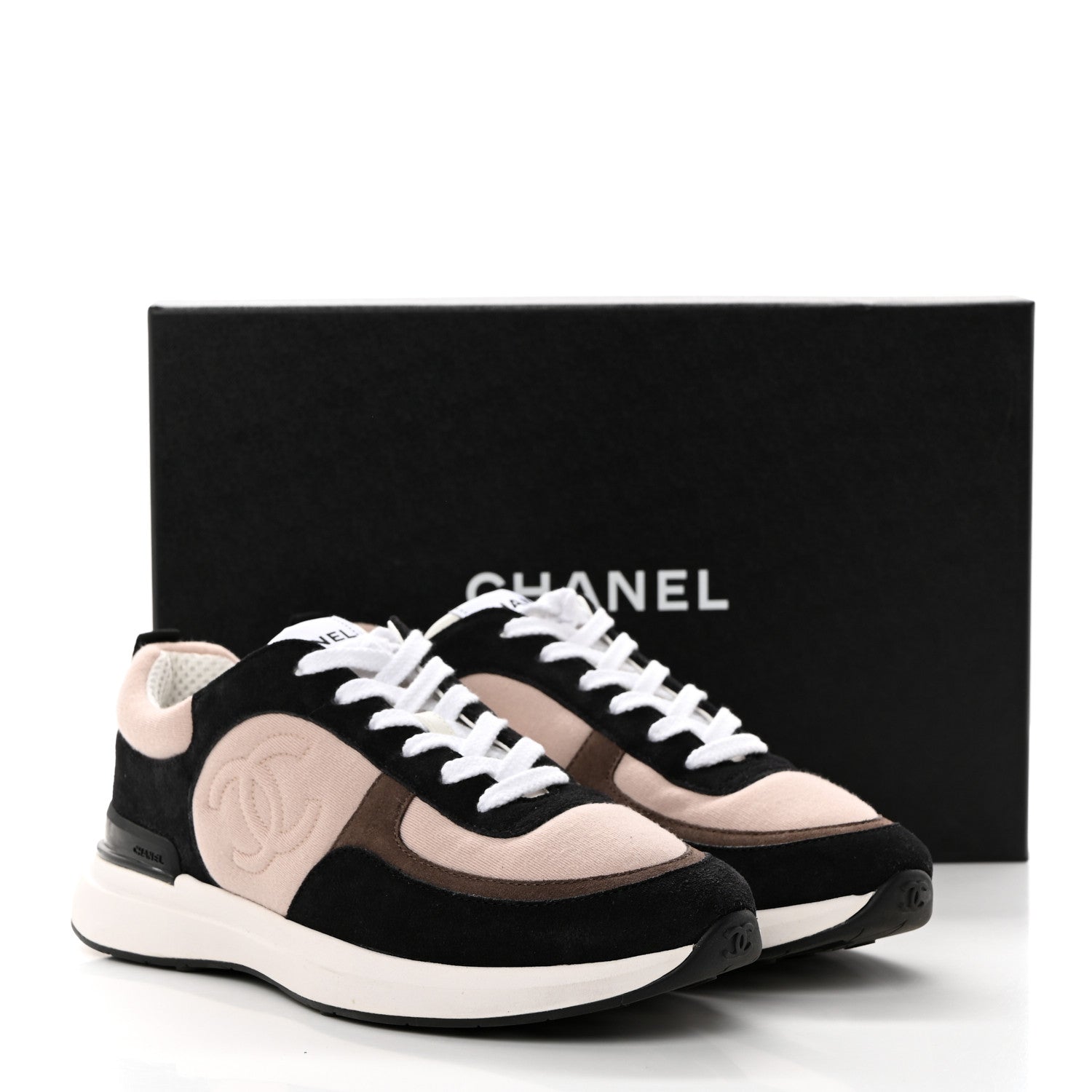Chanel Suede Calfskin Fabric CC Sneakers 39 Dark Grey Light Pink 2 of 9