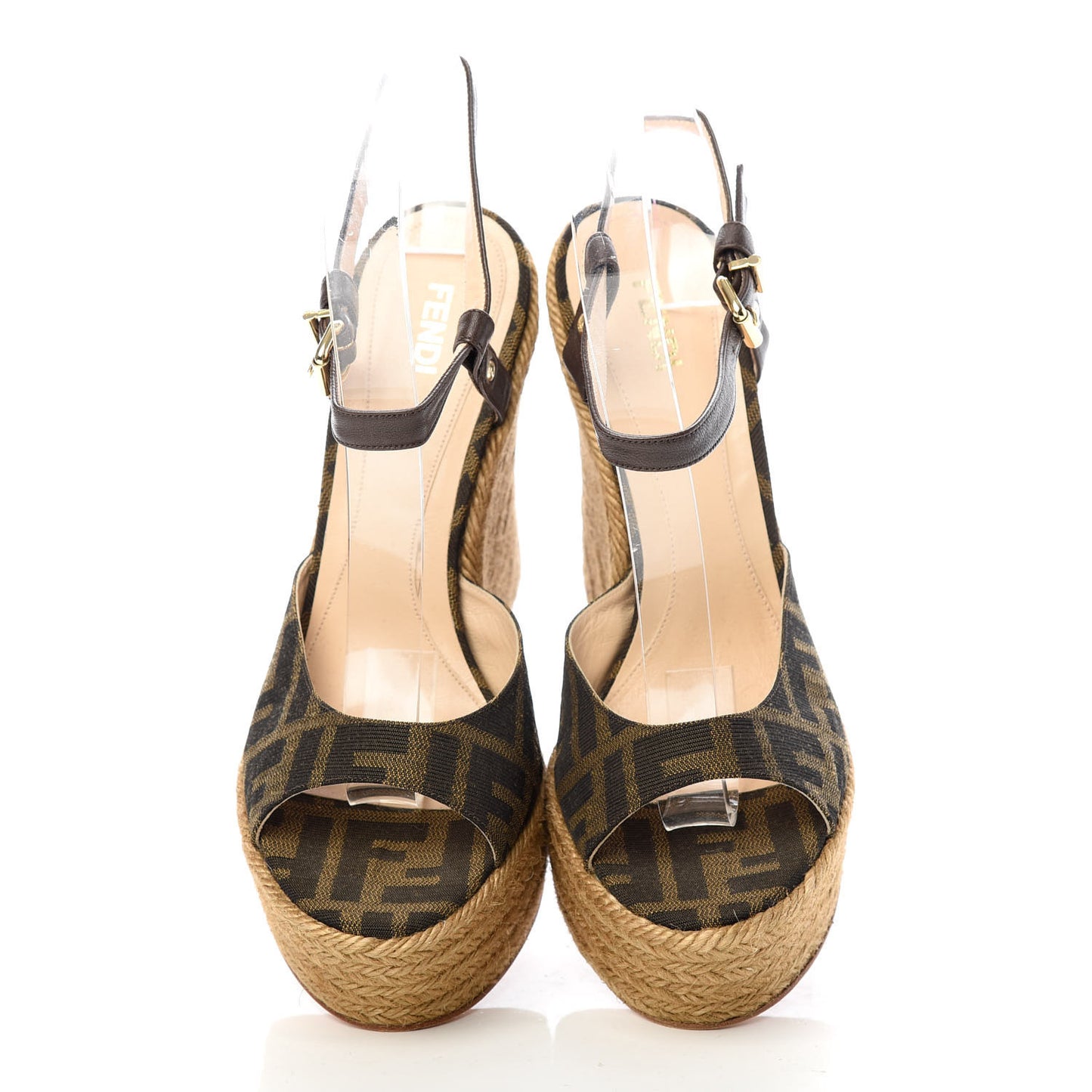 Canvas FF Raffia Ankle Strap Wedge Sandals 38 Beige