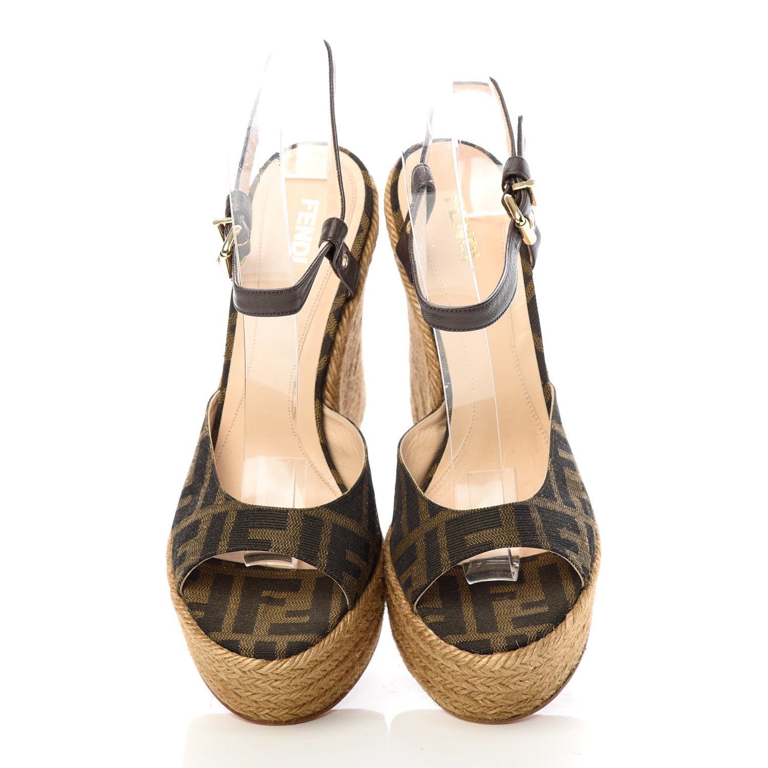 Fendi Canvas FF Raffia Ankle Strap Wedge Sandals 38 Beige 5 of 9