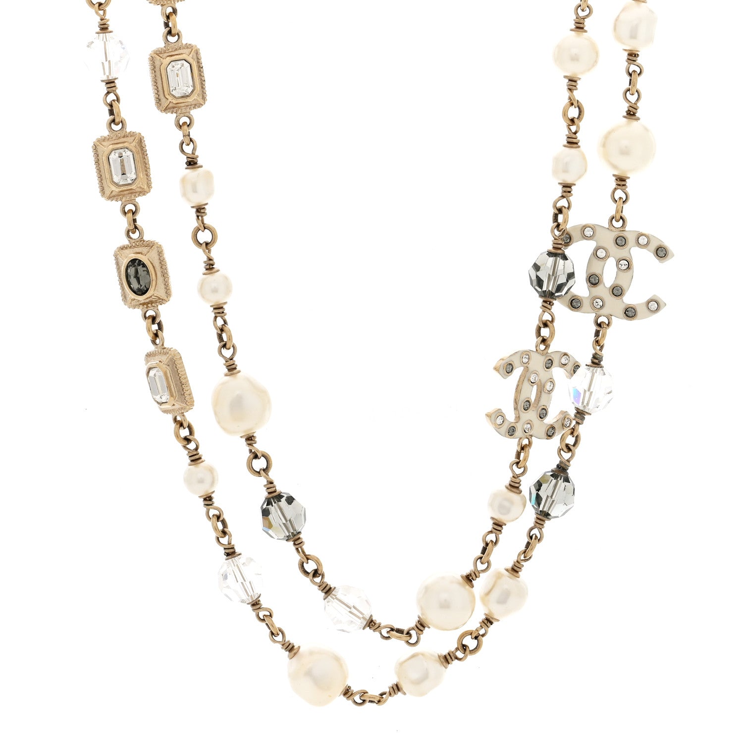 Chanel Pearl Bead Enamel CC Long Necklace Gold Grey 1 of 4
