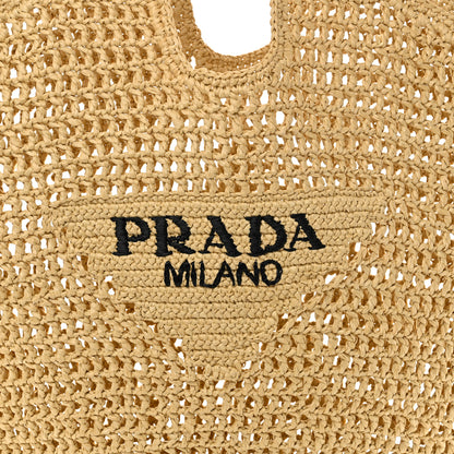 Prada Yarn Raffia Effect Crochet Logo Embroidered Shopping Tote Bag Naturale 8 of 10