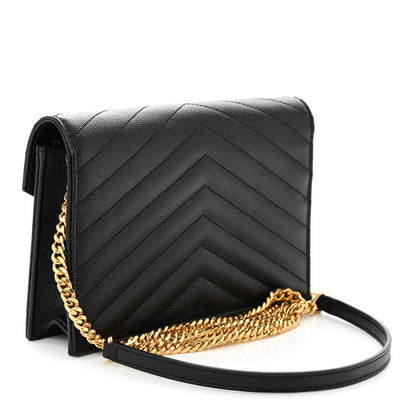 Saint Laurent Grain De Poudre Matelasse Chevron Monogram Envelope Chain Wallet Black 2 of 11