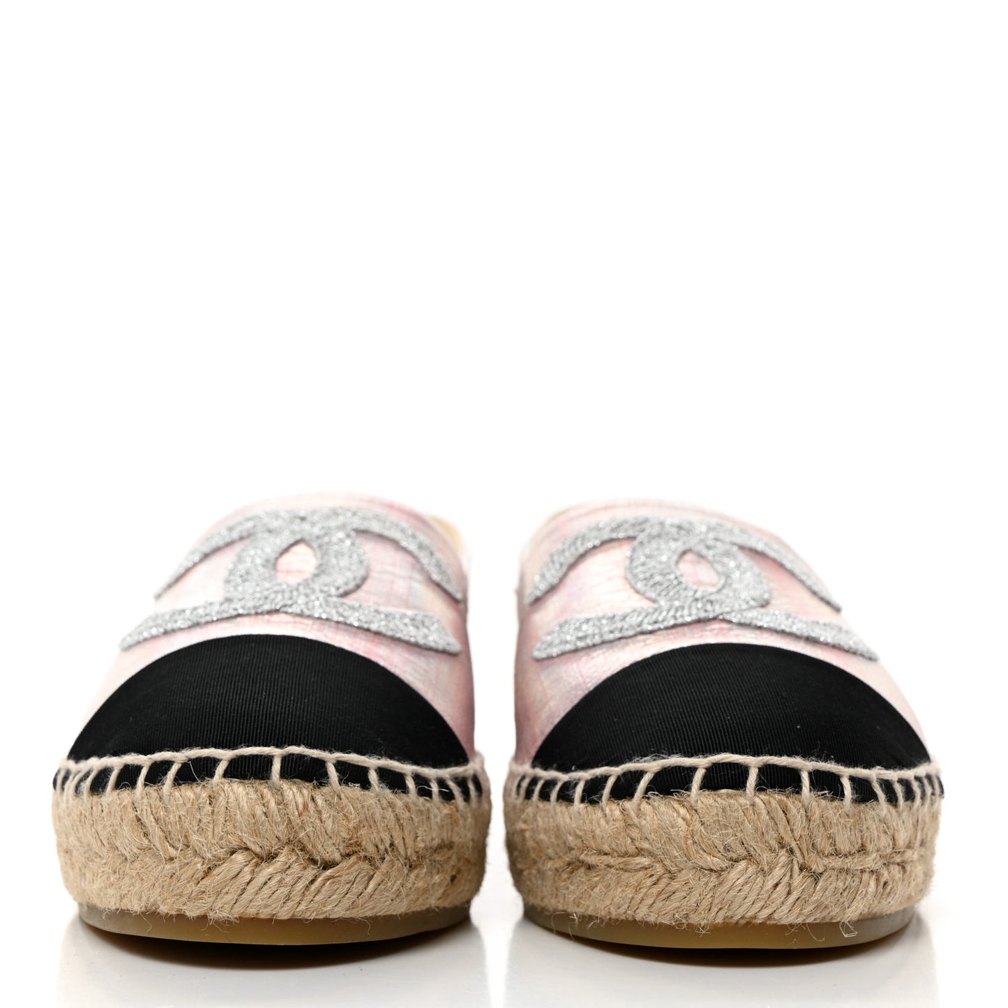 Laminated Lambskin Grosgrain Embroidered CC Espadrilles 39 Pink Silver Black
