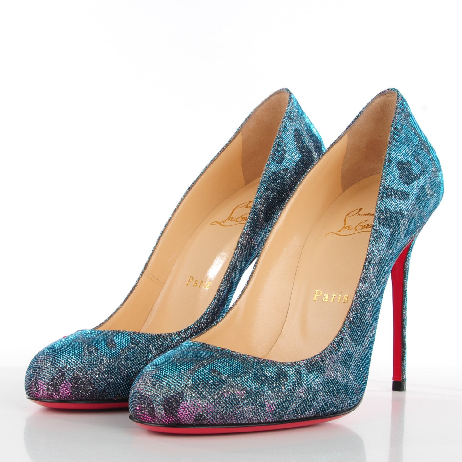 Christian Louboutin Leopard Lame Fifi 100 Pumps Turquoise Violet 38 3 of 8