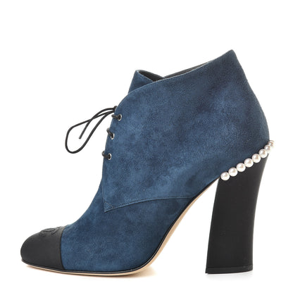 Chanel Suede Grosgrain Pearl Lace Up Booties 41 Dark Blue Black 1 of 10
