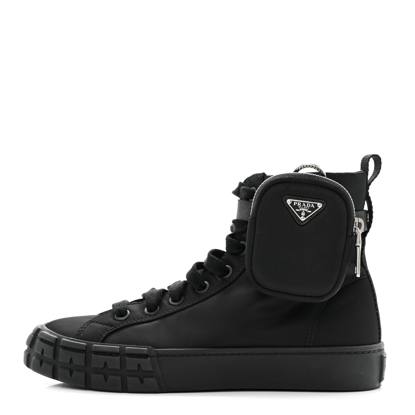 Re-Nylon Gabardine Metal Triangle Logo Wheel Pouch Pocket High Top Sneakers 38.5 Black