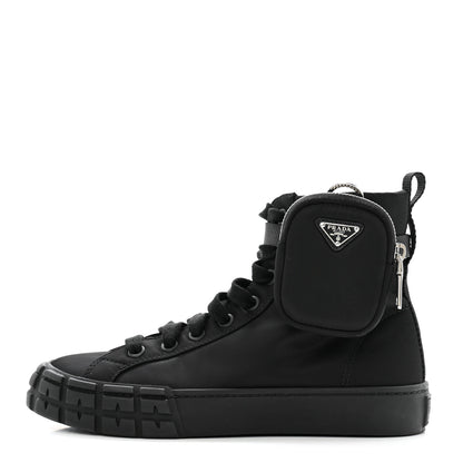 Prada Re-Nylon Gabardine Metal Triangle Logo Wheel Pouch Pocket High Top Sneakers 38.5 Black 1 of 10