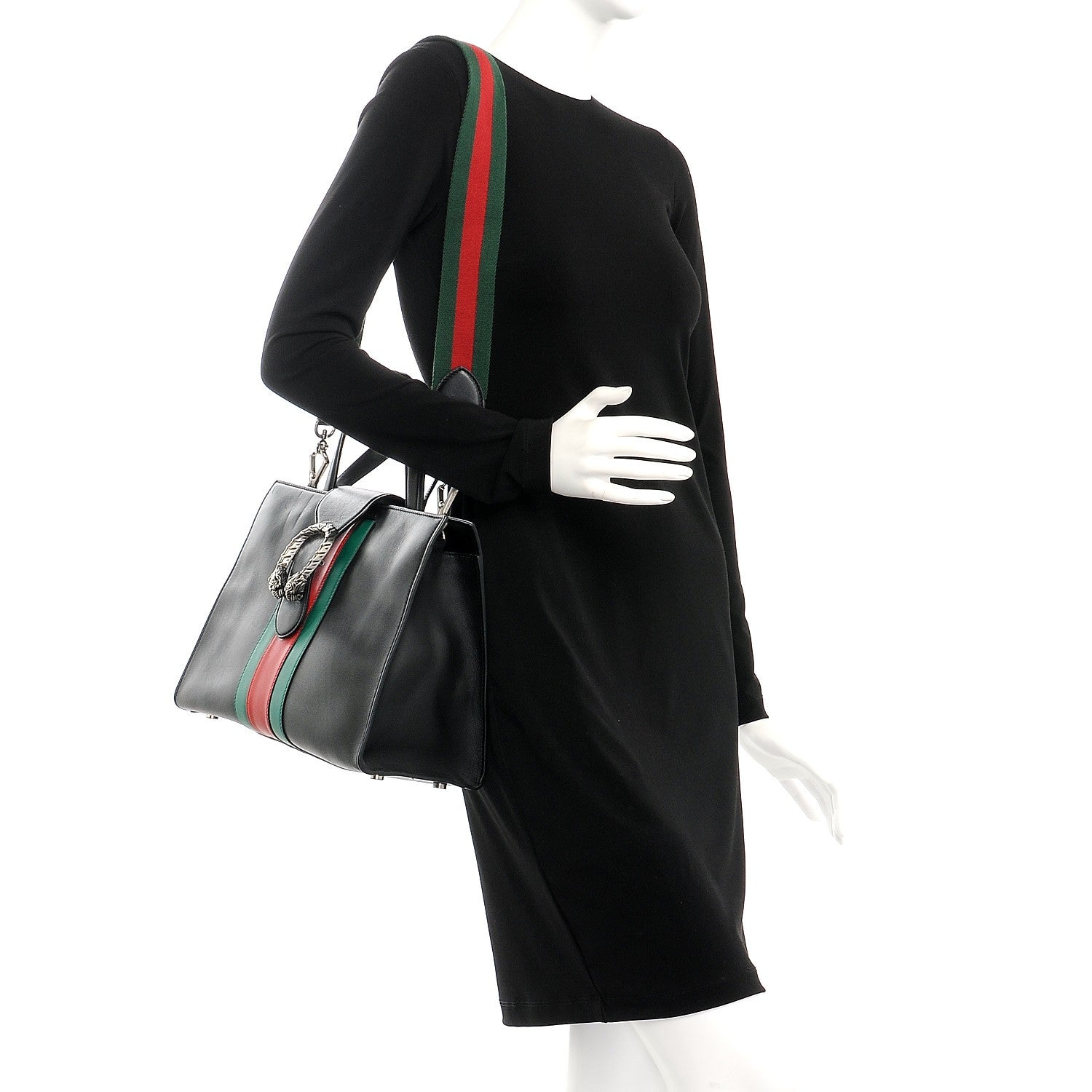 Gucci Calfskin Web Stripe Medium Dionysus Tote Bag Black 2 of 8