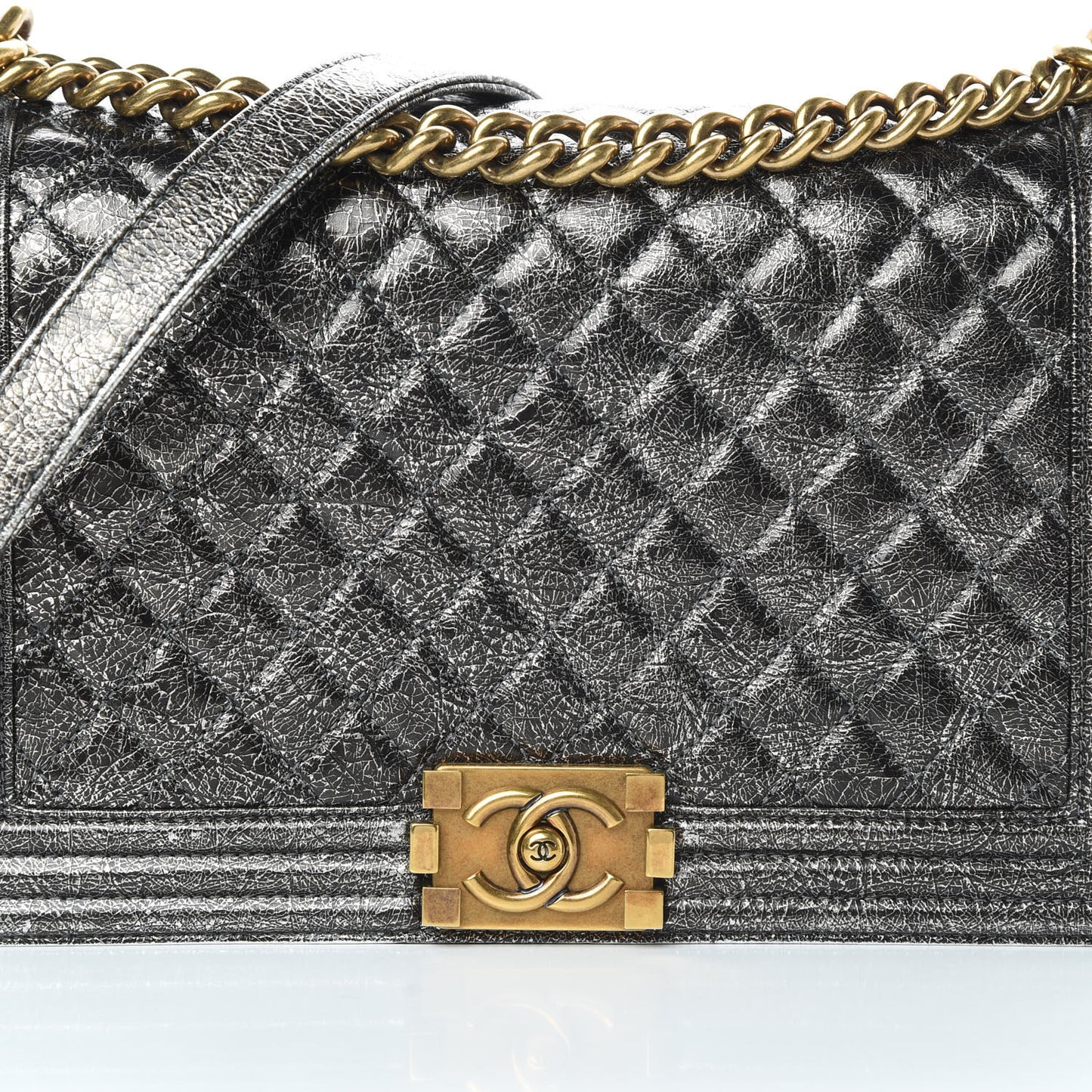 Cracked Metallic Calfskin Quilted New Medium Boy Flap Silver