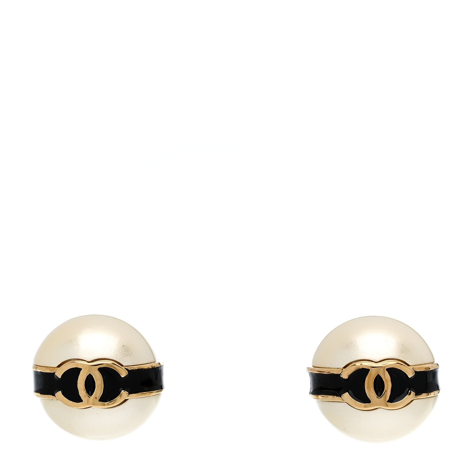 Chanel Pearl Metal CC Round Earrings White Black 1 of 5