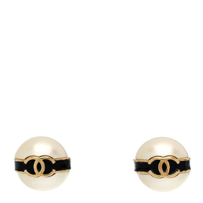 Chanel Pearl Metal CC Round Earrings White Black 1 of 5