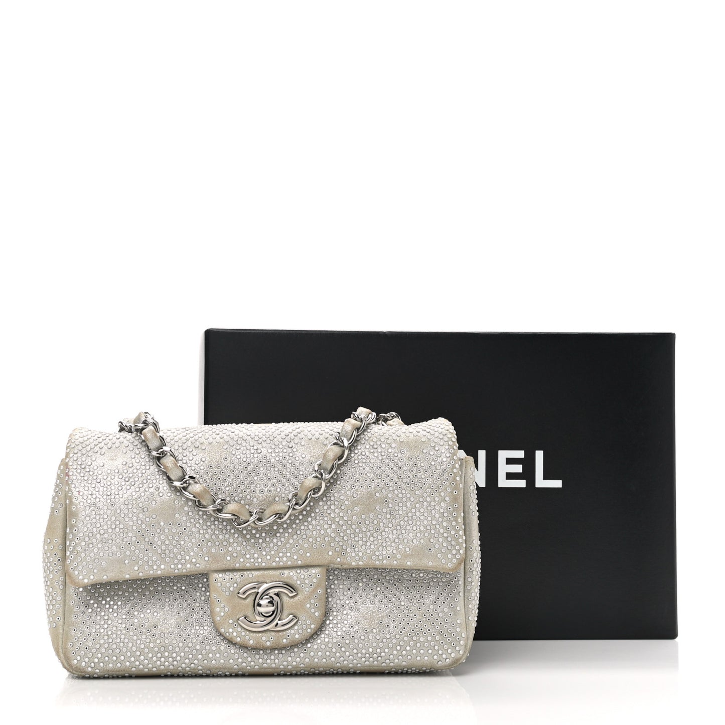 Iridescent Calfskin Studded Mini Flap Silver