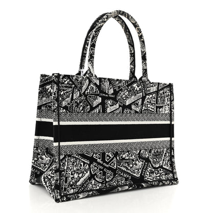 Christian Dior Canvas Embroidered Medium Plan De Paris Book Tote Black White 3 of 10