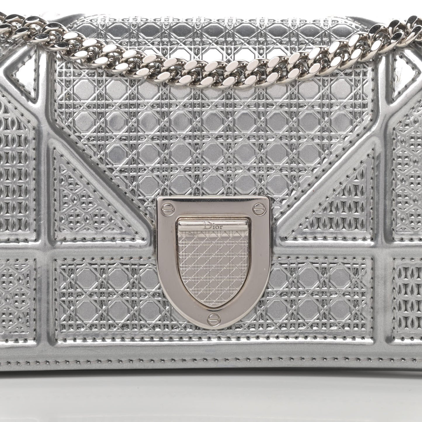 Metallic Patent Micro-Cannage Baby Diorama Flap Bag Silver