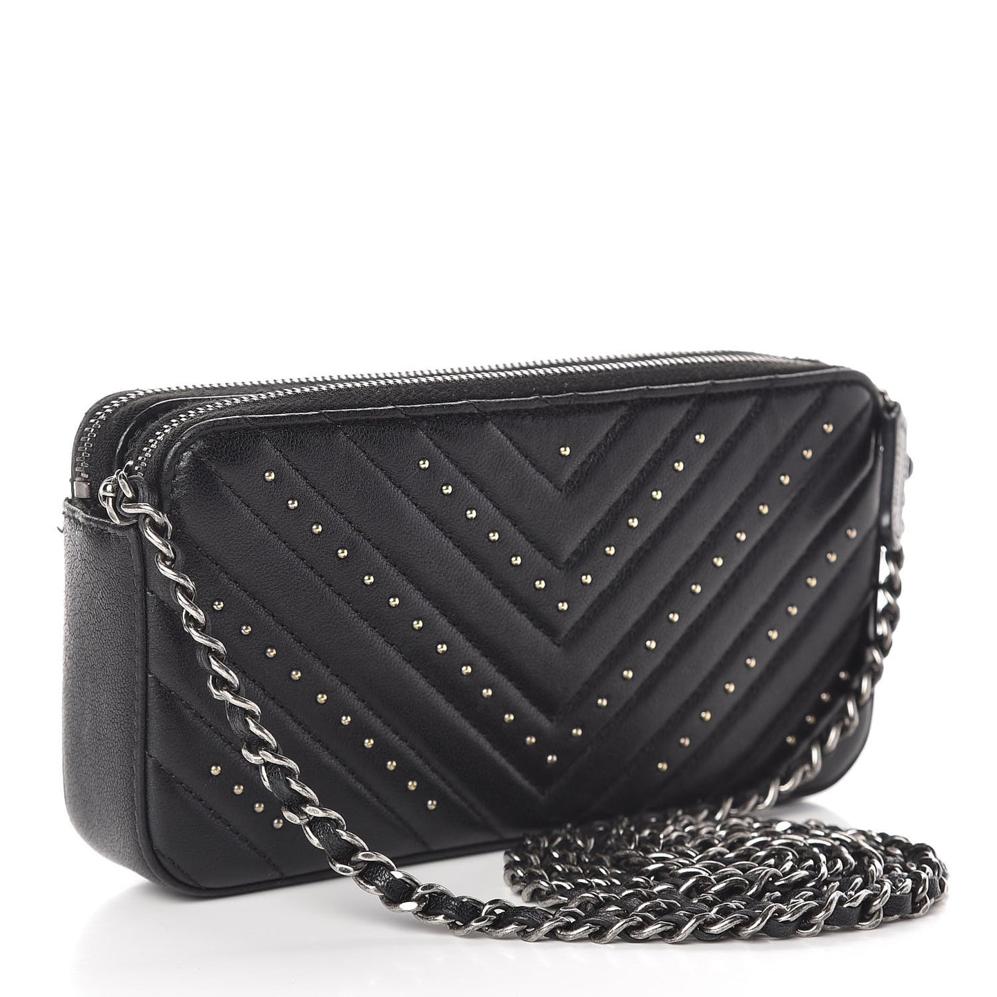 Sheepskin Chevron Quilted Studded Reissue Small Clutch With Chain Black