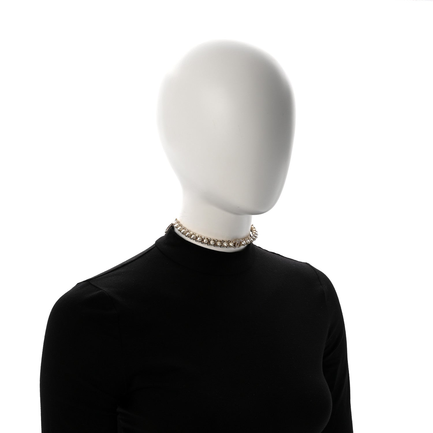 Chanel Strass Crystal Studded Pearl CC Choker Necklace Gold Pearly White 2 of 6