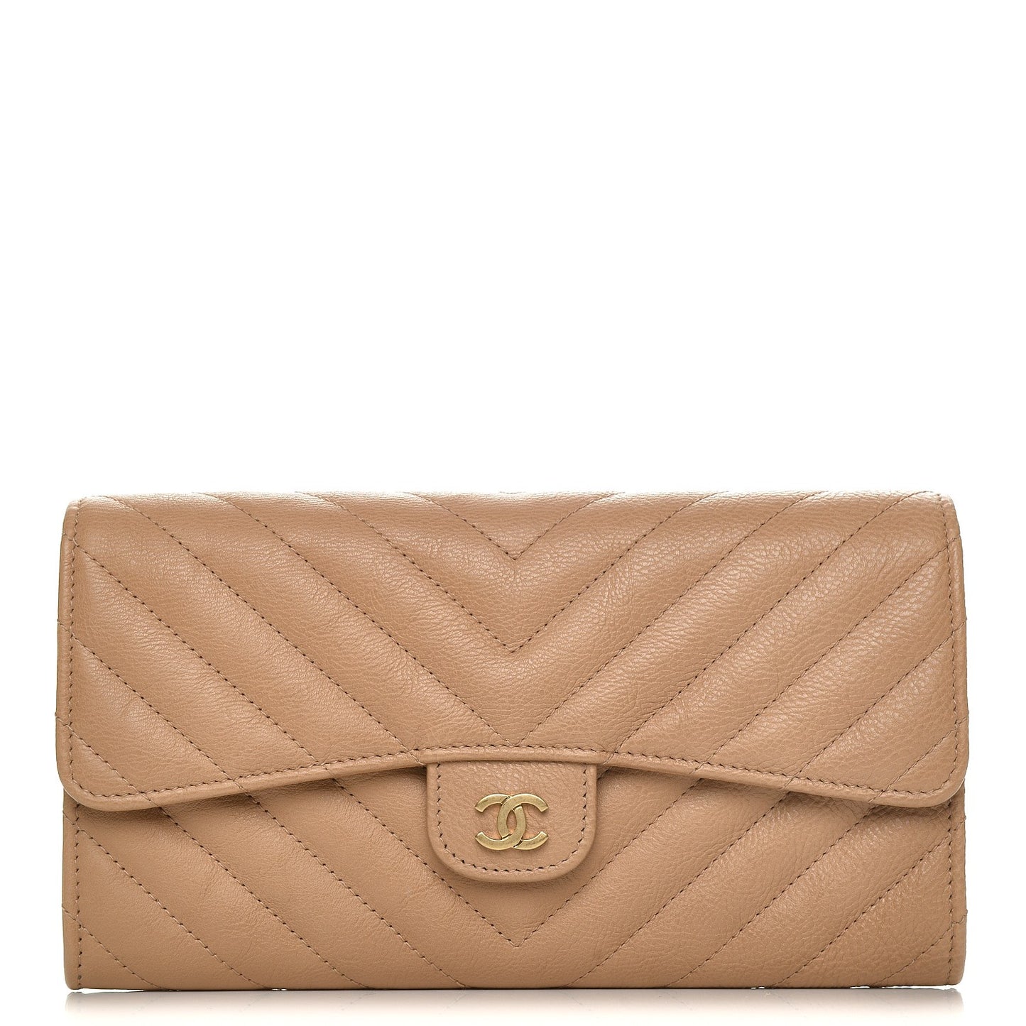 Grained Calfskin Chevron Quilted Large Flap Wallet Beige
