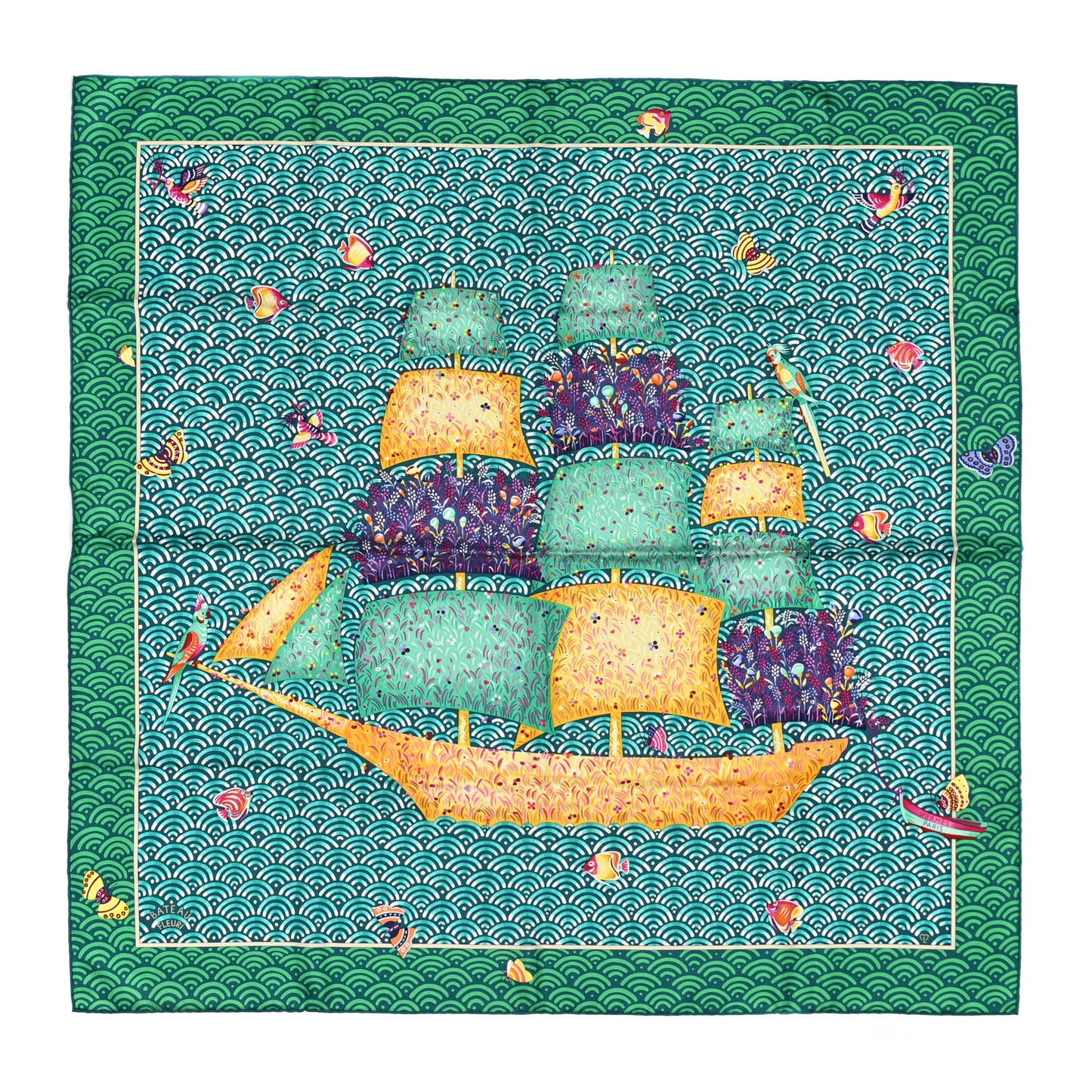 Silk Bateau Fleuri Scarf 90 Vert Canard Jaune