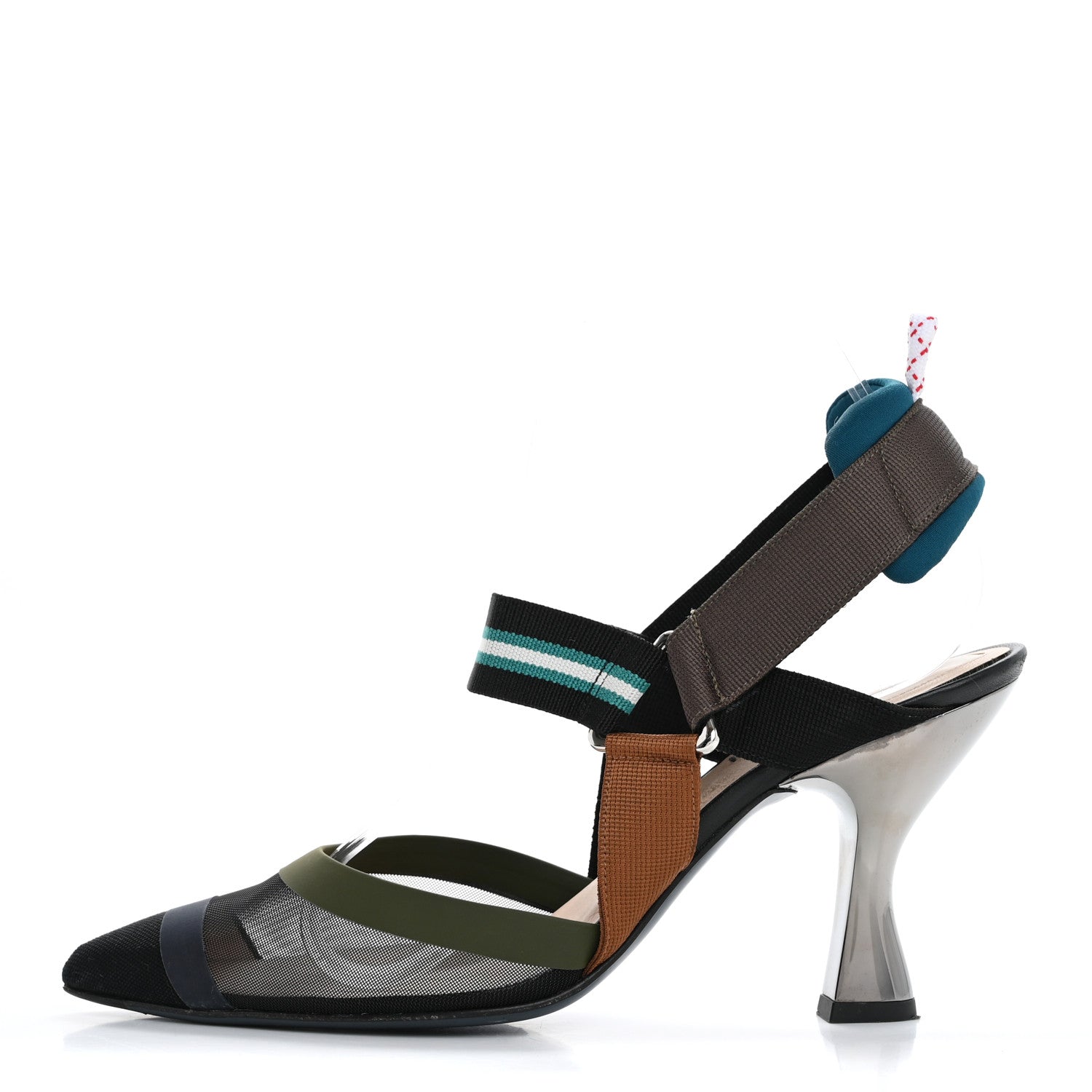 Fendi Technical Mesh Colibri 85mm Slingback Pumps 38 Black Verde Military 1 of 13