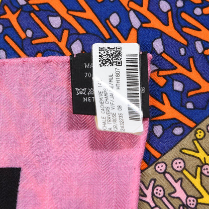Hermes Cashmere Silk Travers Champs Shawl GM 140 Rose Vif Jaune Multi 3 of 7