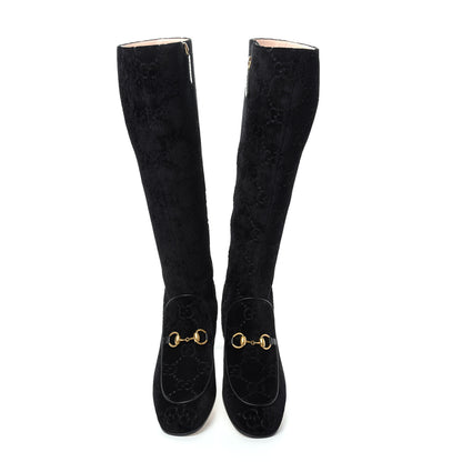 Gucci Velvet GG Monogram Crystal Horsebit Knee High Boots 40 Black 5 of 11