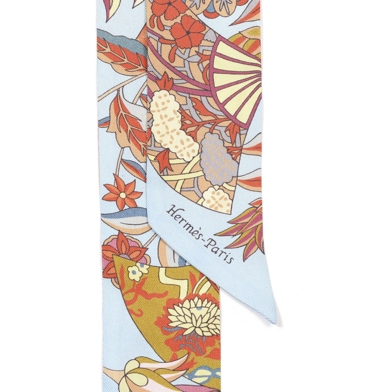 Hermes Silk Fleurs et Papillons de Tissus Twilly Bleu Ciel Corail Jaune 2 of 4
