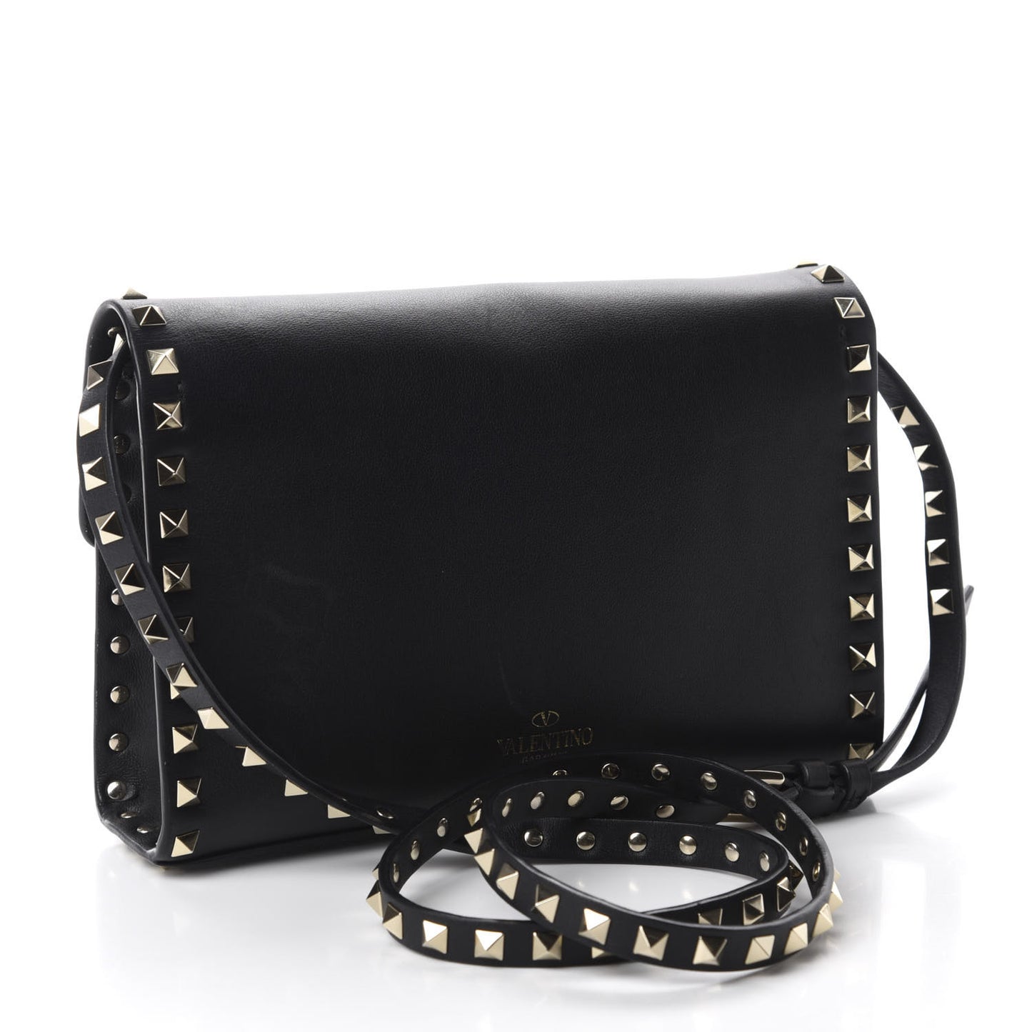 Vitello Medium Rockstud Flip Lock Crossbody Bag Black
