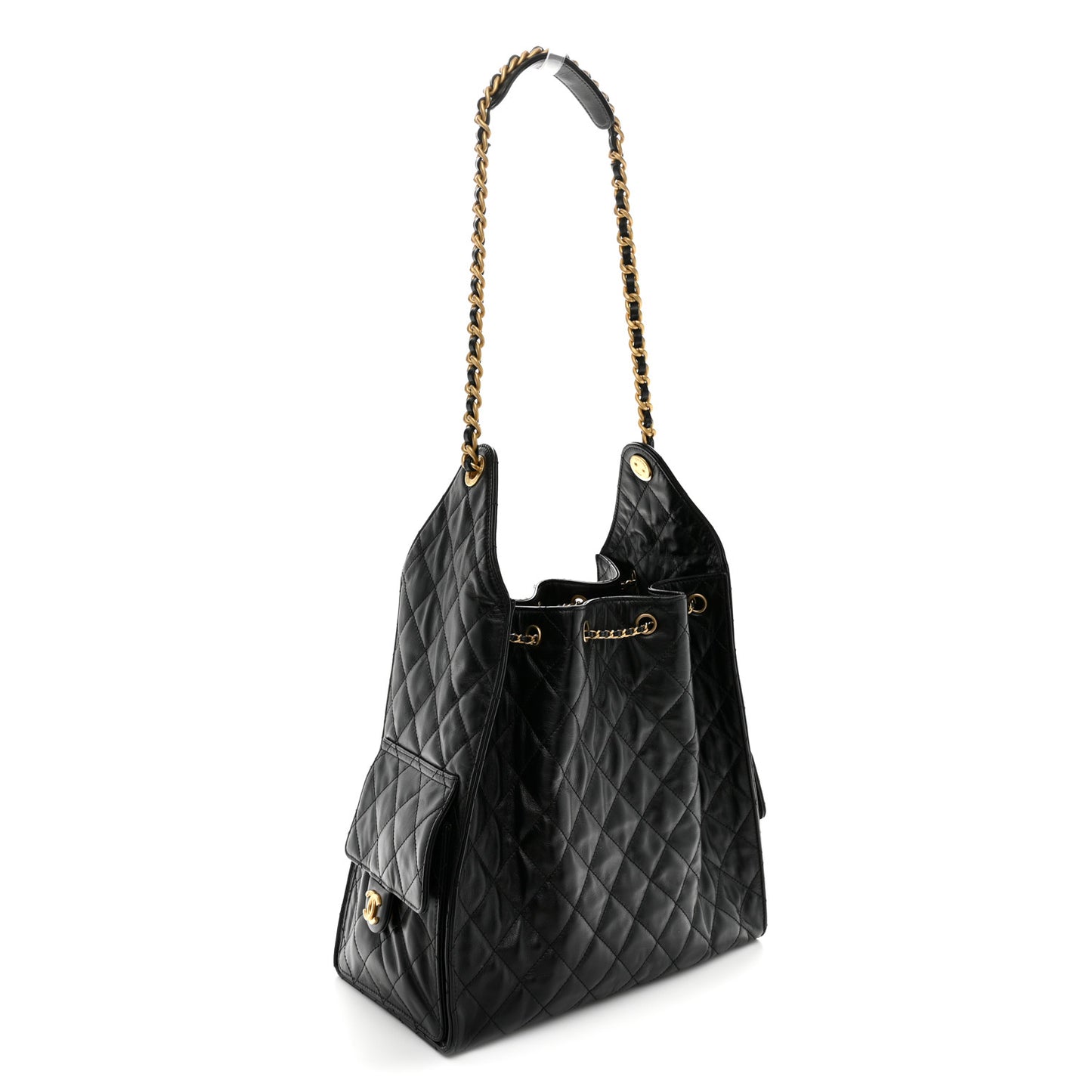 Shiny Crumpled Calfskin Quilted Medium Chanel 25 Handbag Black