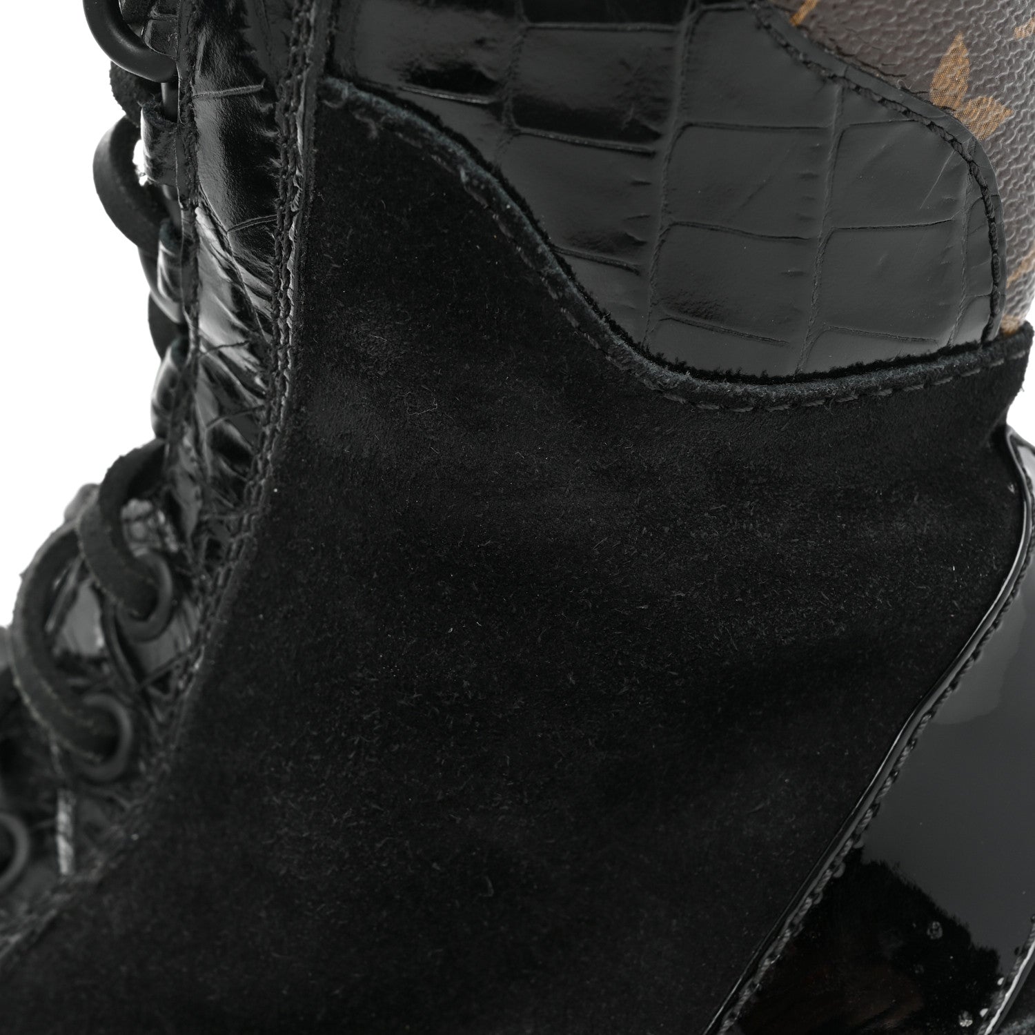 Louis Vuitton Suede Calfskin Crocodile Embossed Patent Monogram Laureate Platform Desert Boots 37 Black 10 of 14