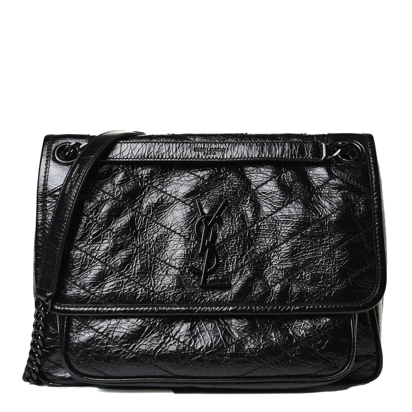 Crinkled Calfskin Matelasse Monogram Medium Niki Chain Satchel Black