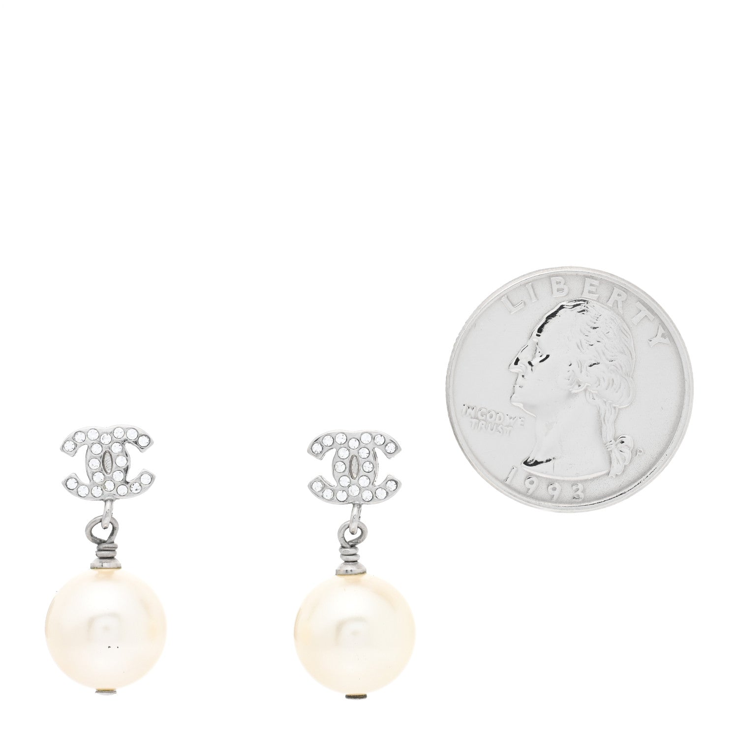 Chanel Crystal Pearl CC Drop Earrings Silver Pearly White 2 of 4
