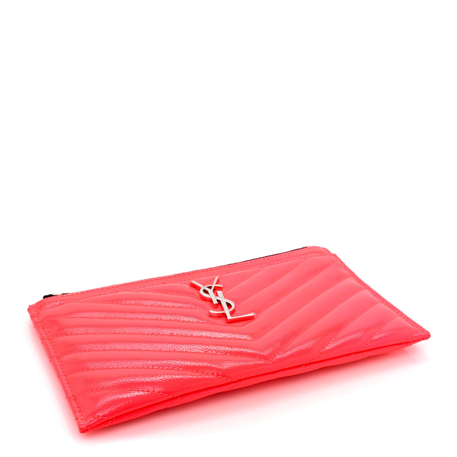 Saint Laurent Patent Grain De Poudre Matelasse Chevron Monogram Bill Pouch Neon Pink 4 of 10