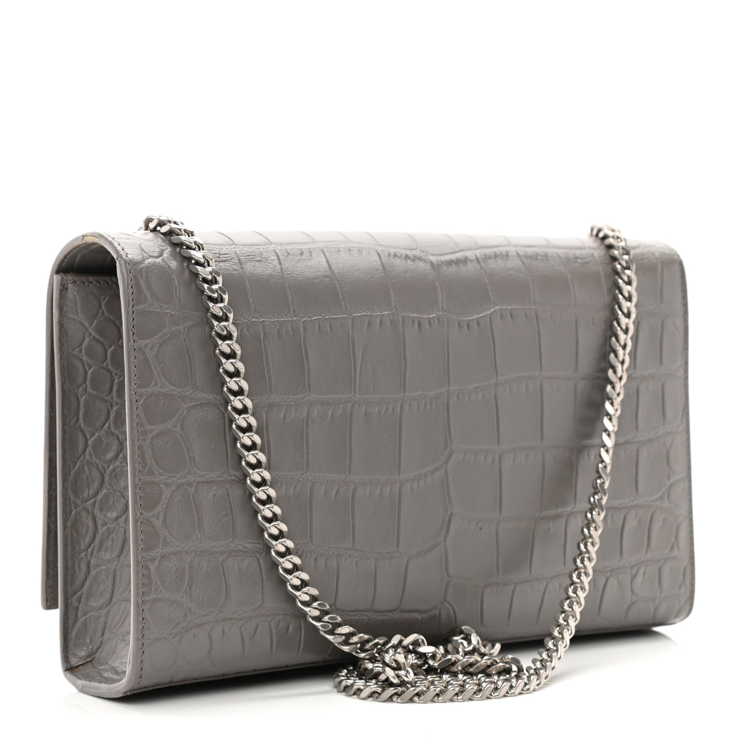 Calfskin Crocodile Embossed Medium Classic Monogram Kate Tassel Satchel Fog
