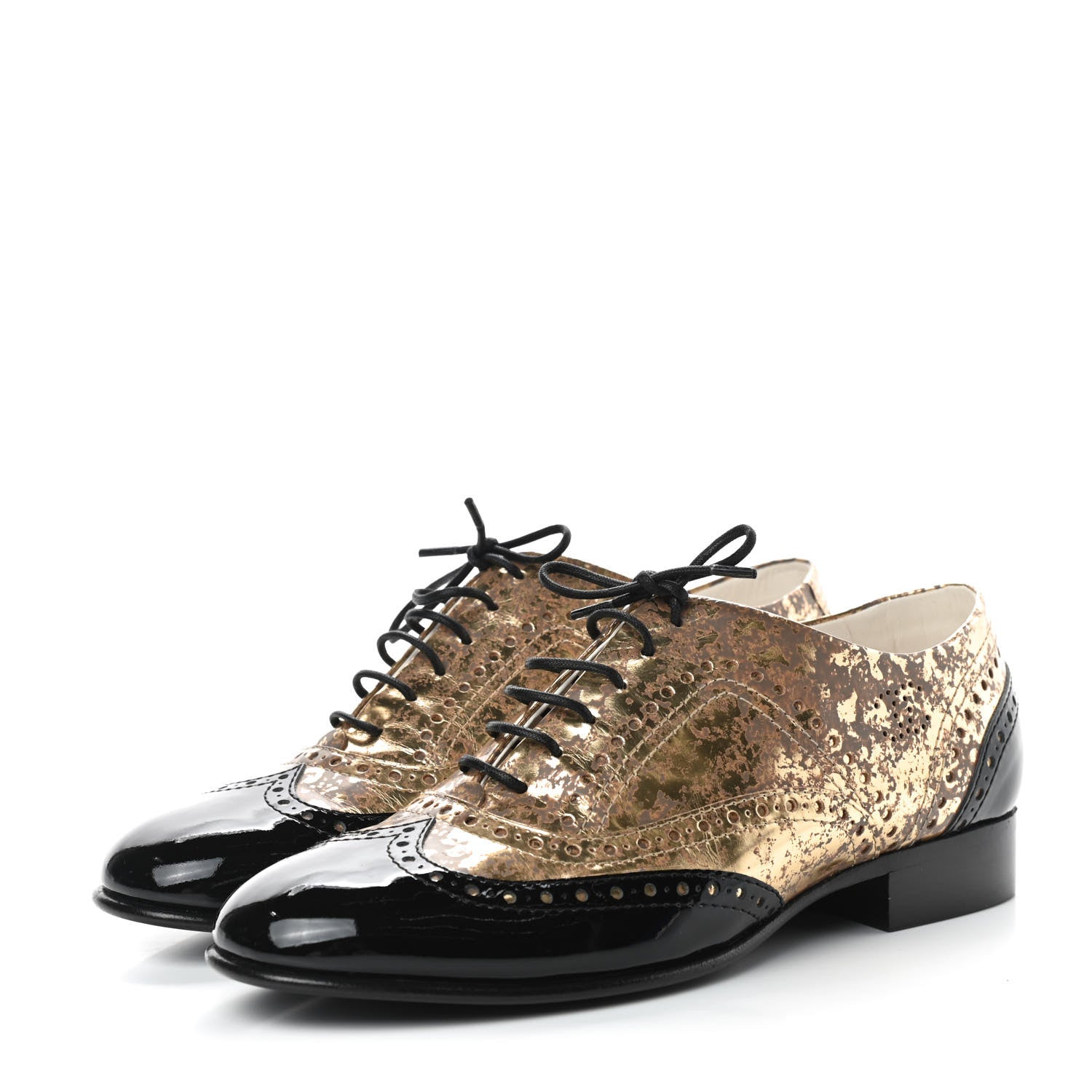 Chanel Fantasy Patent Calfskin Lace Up Oxfords 38 Gold Black 3 of 10