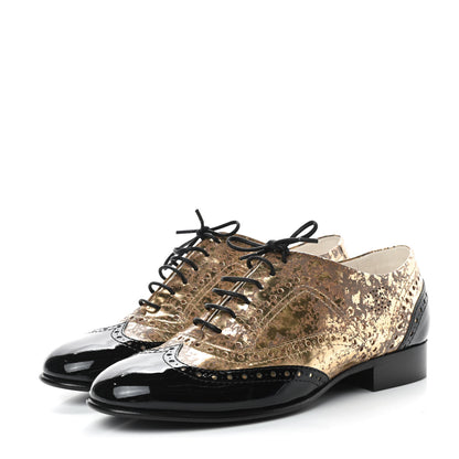 Chanel Fantasy Patent Calfskin Lace Up Oxfords 38 Gold Black 3 of 10
