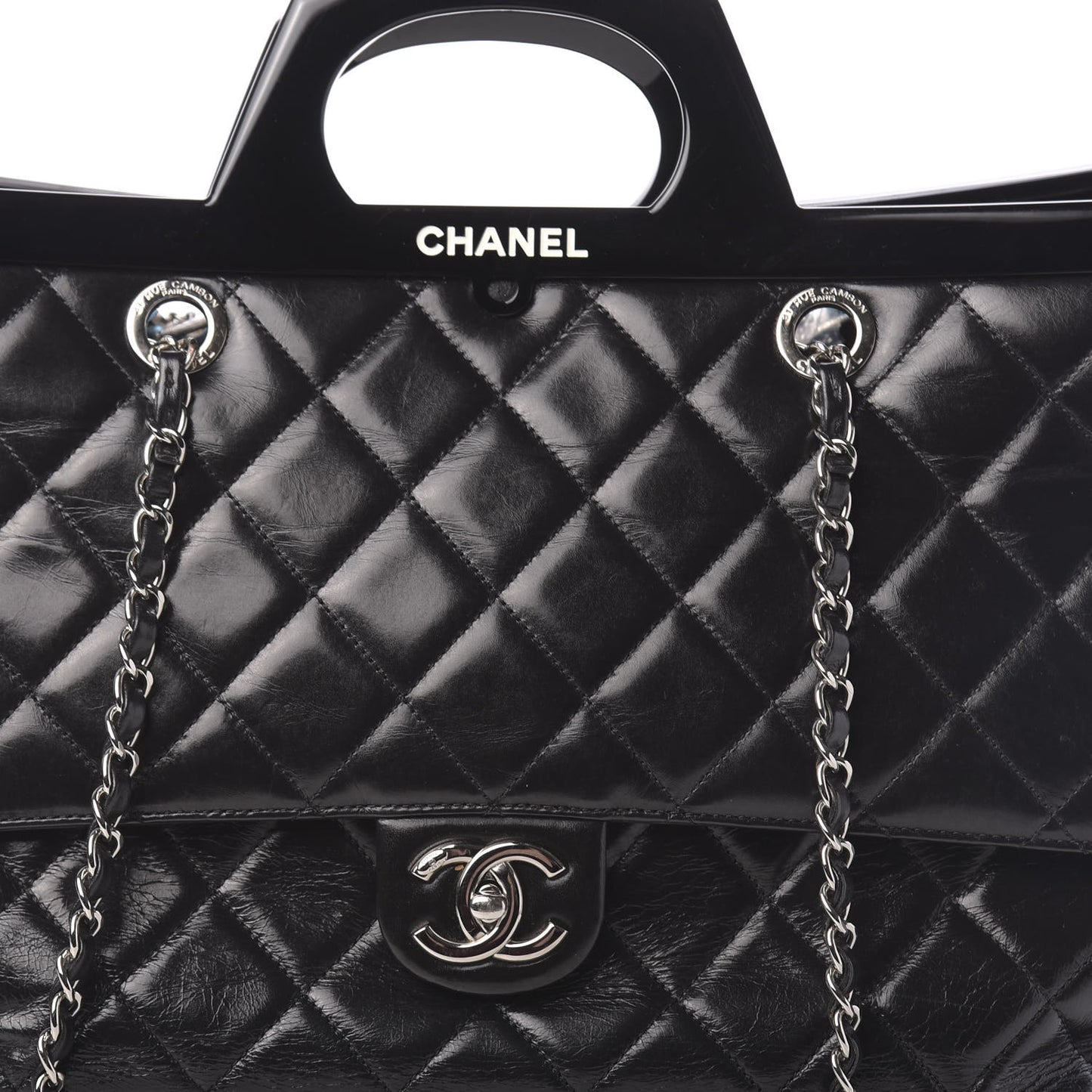 Glazed Calfskin Quilted Large CC Delivery Tote Black