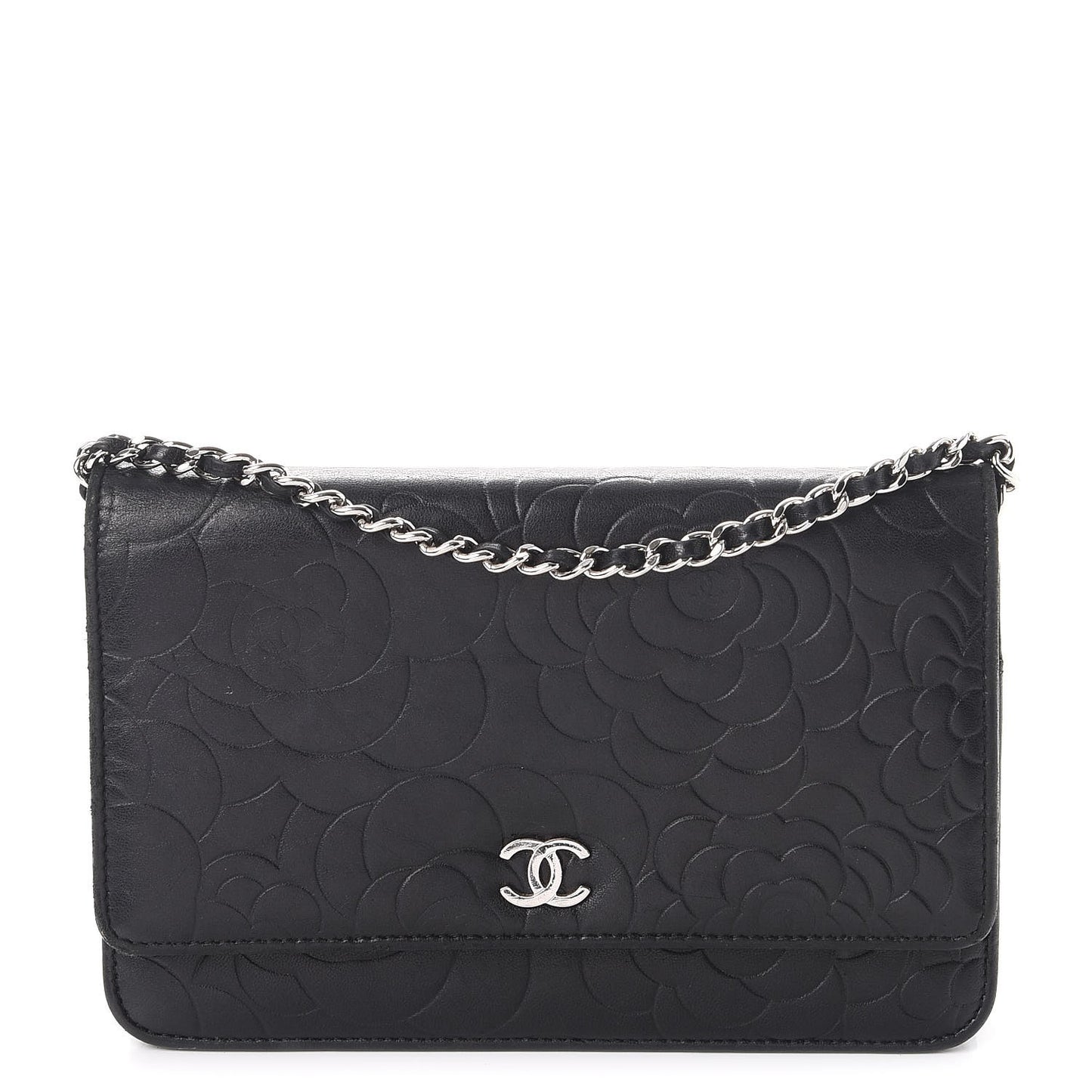 Lambskin Camellia Embossed Wallet On Chain WOC Black