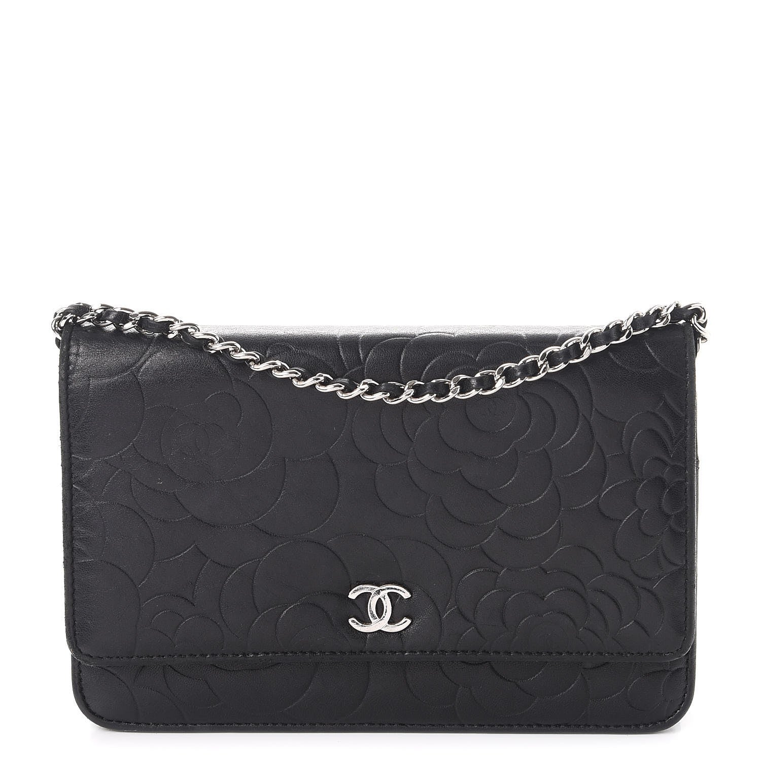 Chanel Lambskin Camellia Embossed Wallet On Chain WOC Black 1 of 14