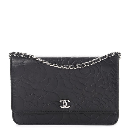 Chanel Lambskin Camellia Embossed Wallet On Chain WOC Black 1 of 14