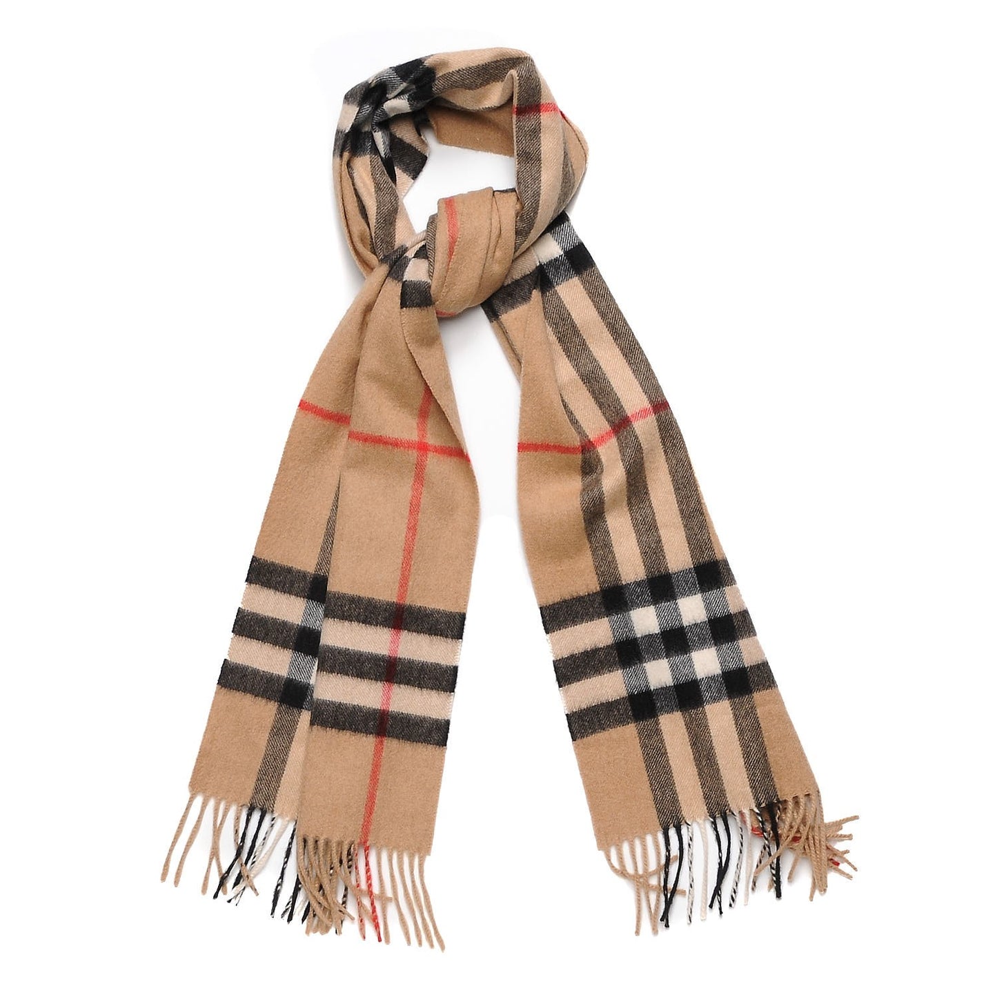 Cashmere Giant Check Fringe Scarf Camel