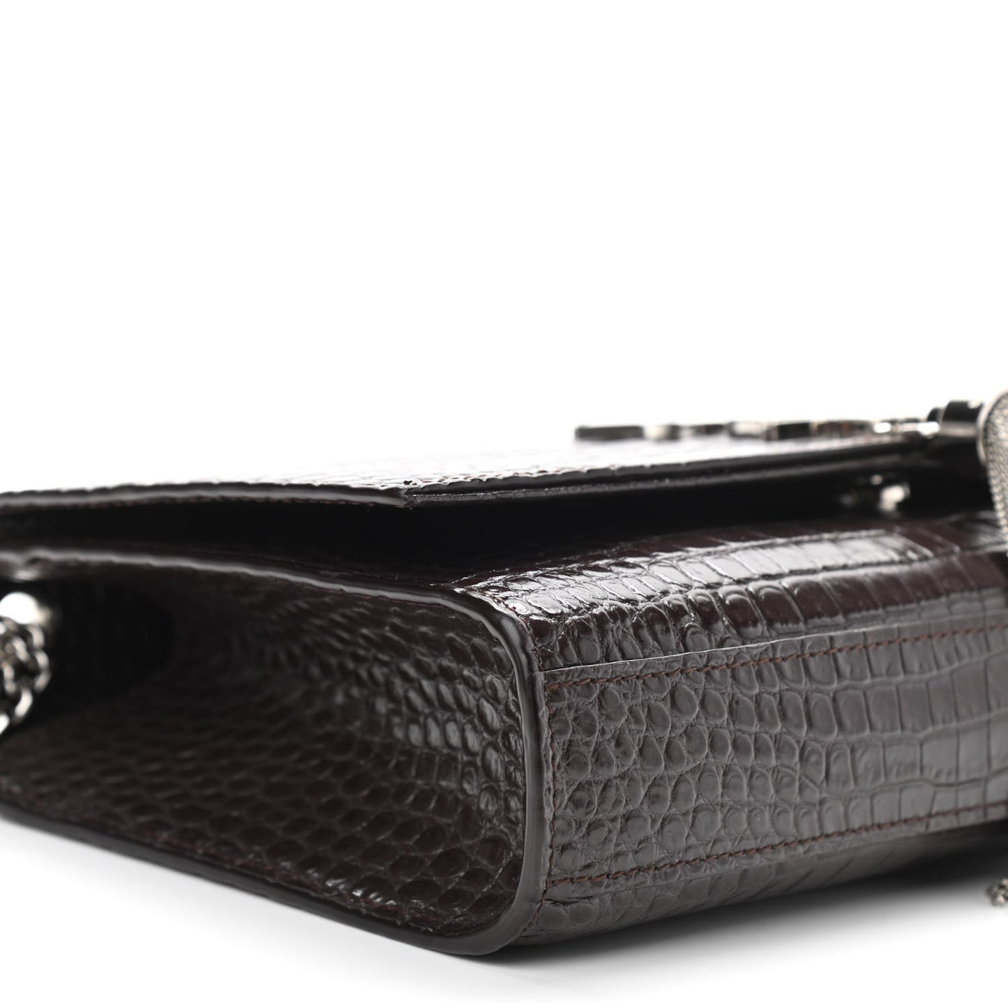 Calfskin Crocodile Embossed Medium Classic Monogram Kate Tassel Satchel Dark Brown