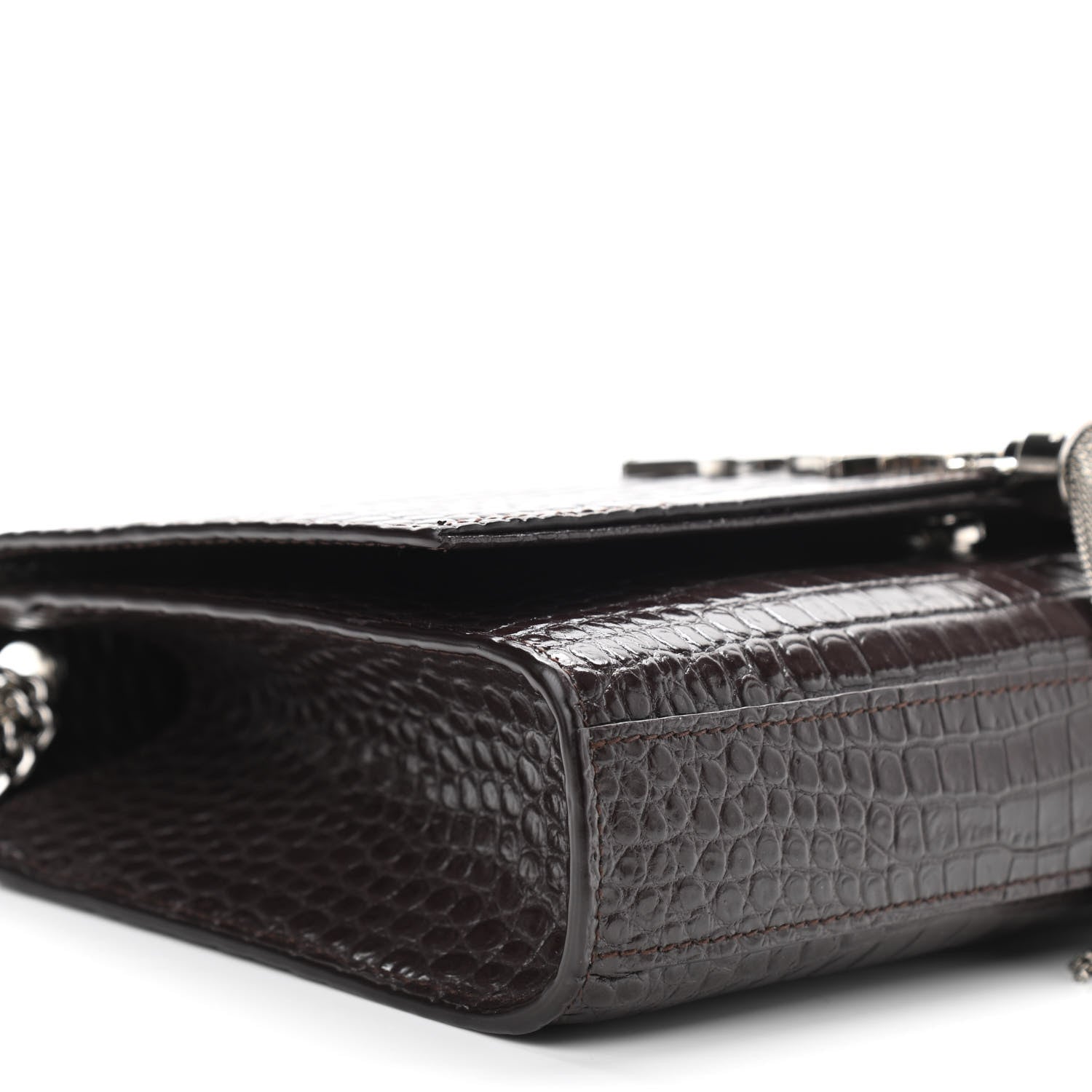 Saint Laurent Calfskin Crocodile Embossed Medium Classic Monogram Kate Tassel Satchel Dark Brown 7 of 8