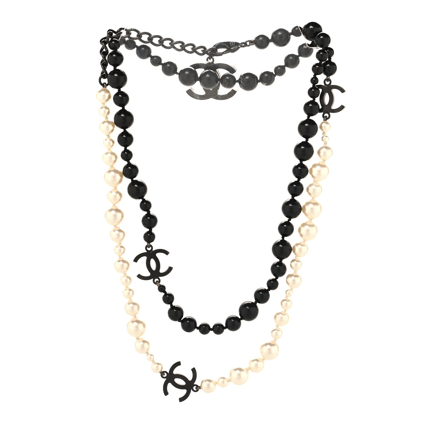 Pearl CC Beaded Long Necklace Black White