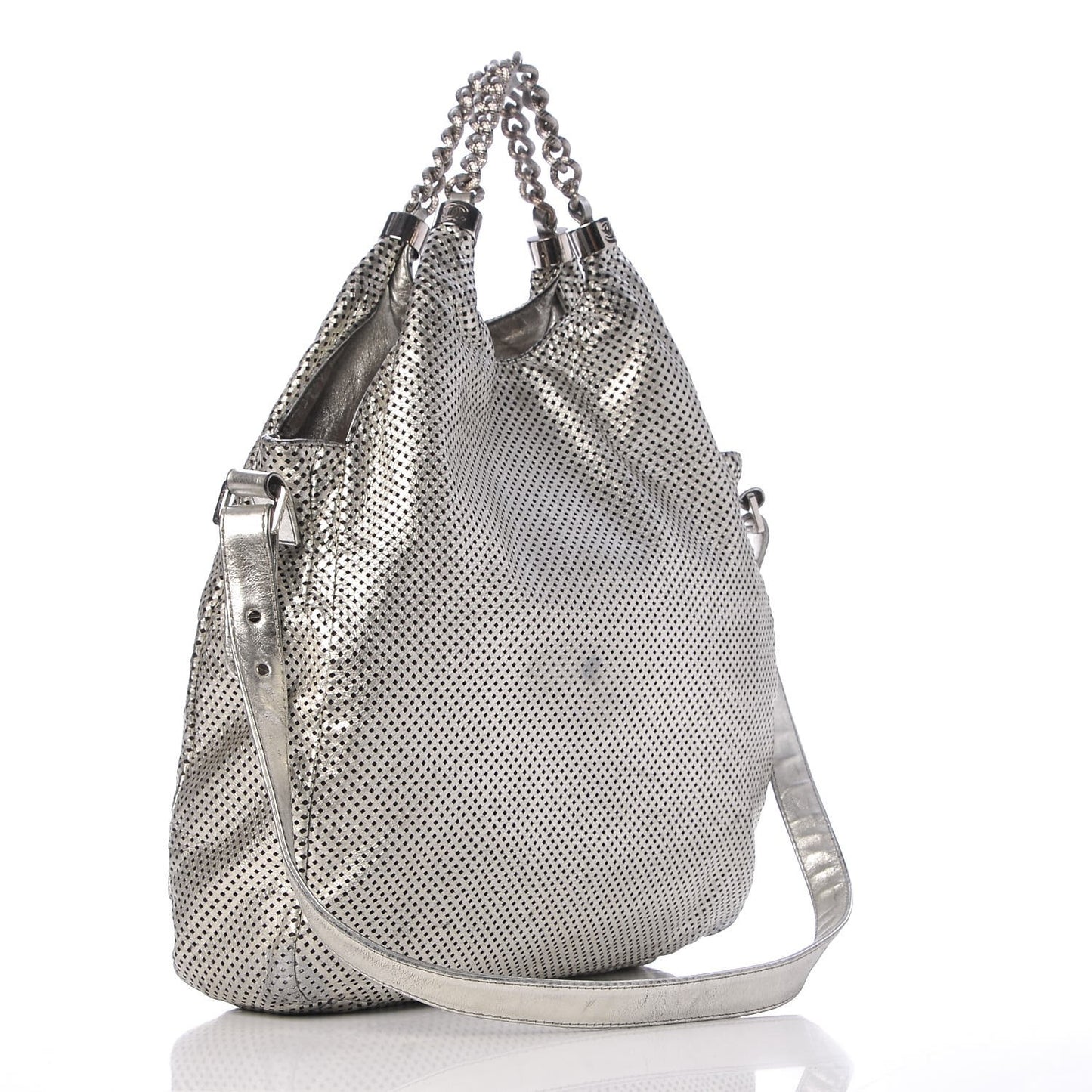 Metallic Glazed Calfskin Perforated Medium Rodeo Drive Tote Silver