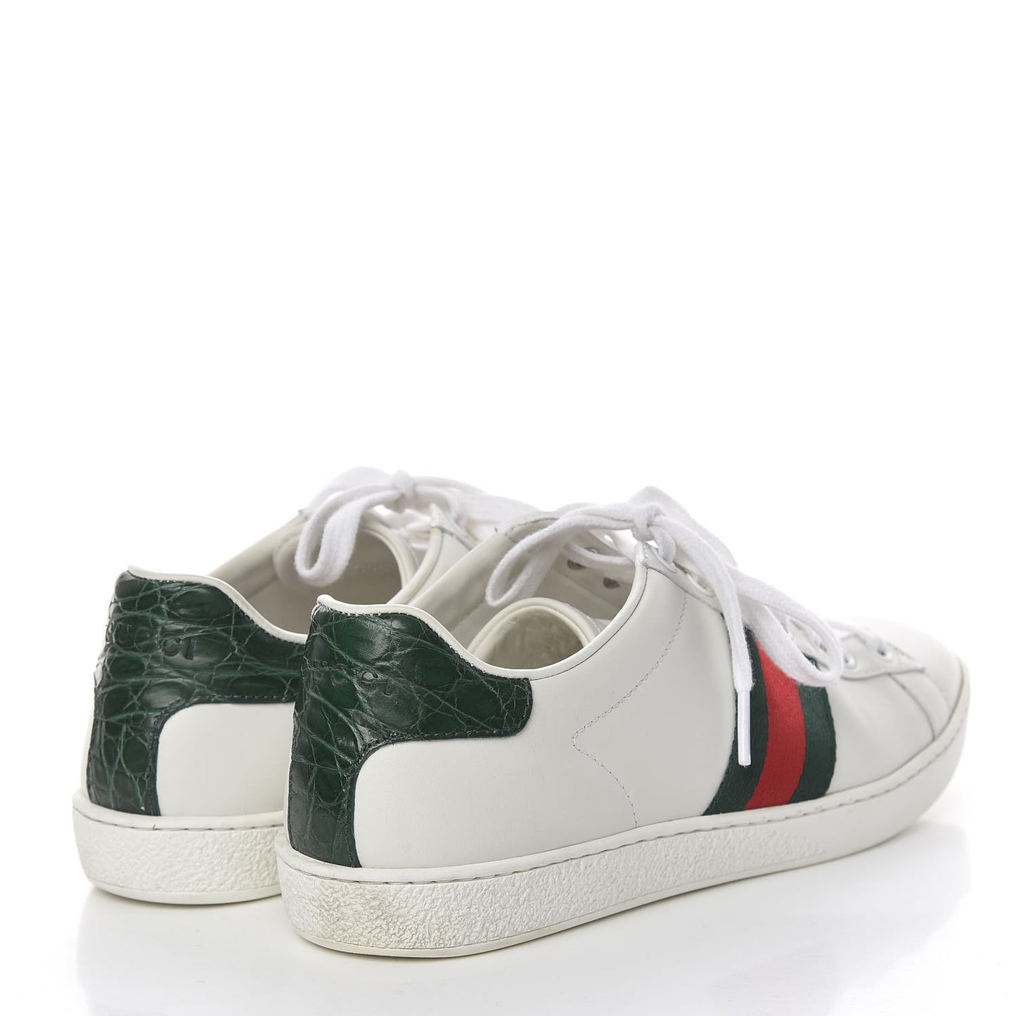Calfskin Crocodile Web Womens Ace Sneakers 37 White Green
