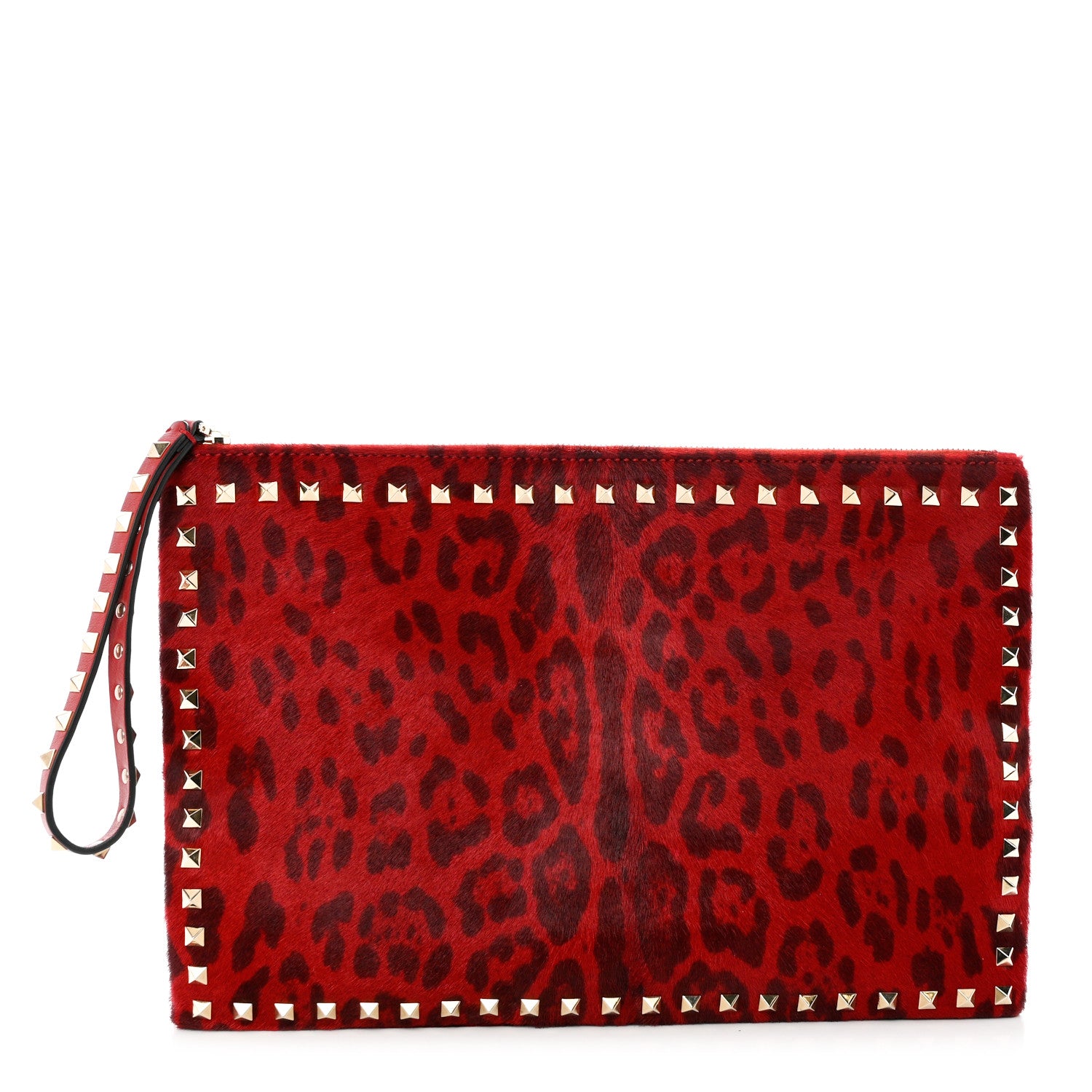 Valentino Garavani Pony Hair Leopard Print Rockstud Zip Clutch Red 1 of 9