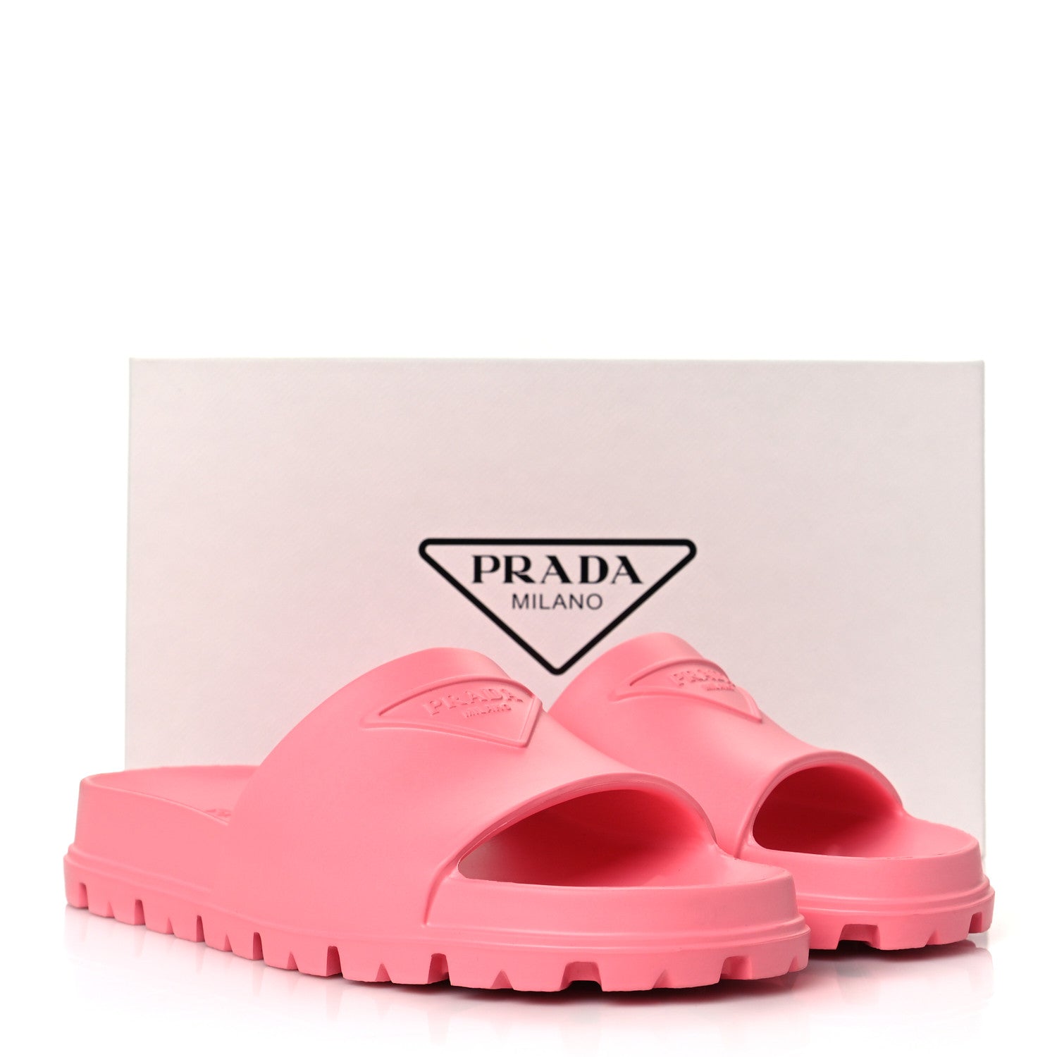 Prada EVA Rubber Triangle Logo Embossed Womens Lug Sole 20mm Slide Sandals 39 Begonia 9 of 9